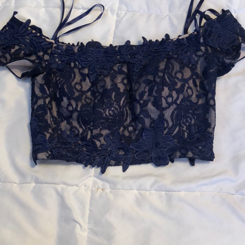 Two piece off the shoulder navy prom dress